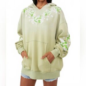 Free People Light Green Floral Embroidered Oversized Pullover Hoodie We The Free